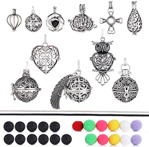 9+2Pcs Mixed Size Aromatherapy Perfume Fragrance Diffuser Lockets Pendants Necklaces Aroma Essential Oil Diffusers Necklaces With Chains Lava Stones Felt Balls