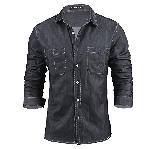 Men's Fashion Casual Denim Shirt-Black-L