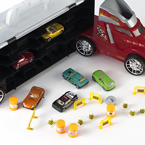 image for Prextex 21'' Car Carrier Toy Truck with 6 Toy Cars and Accessories - D