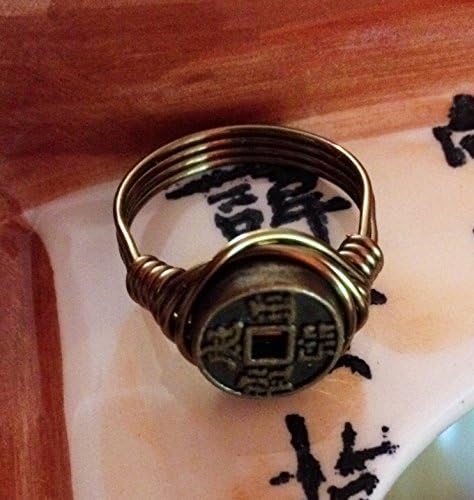 Custom Size Bronze Artisan Wire-wrapped Chinese Symbol Good Fortune Coin Ring Spiritual Yoga Jewelry