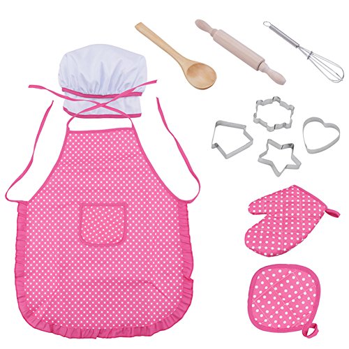 Shopline Child Chef Set, Cute Little Chef Playset for Kids Girls Cooking Pretend Playing and Dressing Up, Including Chef's Apron, Hat,Oven Mitt, Rolling Pin 11 Pieces Accessories
