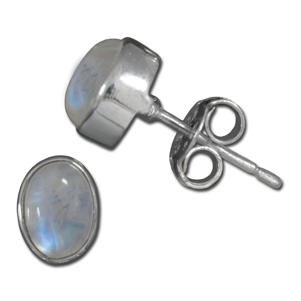 I-be, Rainbow Moonstone Gemstone 6 x 8 mm Oval Stud Earrings 925 Silver in Gift Box 357912/6x8, Sterling Silver, Moonstone