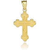 14K Yellow Gold Russian Eastern Orthodox Cross Crucifix inside Bottonee Cross Matte Finish Pendant Charm
