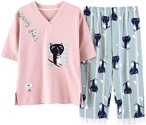 Nawoshow Women's Cute Cartoon Print Tee and Shorts Pajama Set Big Girls Loungewear