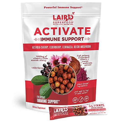 Laird Superfood Activate Immune Support Powder Drink Supplement, 1000 mg of Vitamin C from Acerola Cherry, Elderberry, Echinacea and Reishi Mushroom, 7.75 Gram Stick, Pack of 10
