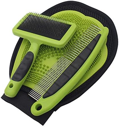 YOLOPARK Professional Pet Grooming Tool, 3 Piece Grooming Kit Suit for Dog and Cat, Including Pet Steel Comb + Hair Remover Shedding Brush + Double Side Pet Massage Gloves