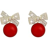 Christmas Bow Earrings for Women Rhinestone Red Bow Pearl Earrings Dainty Gold Bowknot Holiday Xmas Ear-rings Christmas Gifts Stocking Stuffers for Her