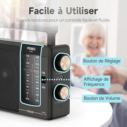 PRUNUS J-03 FM AM Radio Portable Battery and Mains Radio High Performance Transistor Excellent DSP Reception Powerful Speaker 3.5mm Headphone Jack Ideal for Elderly Kitchen