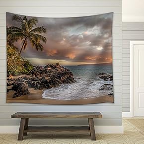 Tropical Seascape with Palmtree and Clear Sea - Fabric Wall Tapestry Home Decor - 51x60 inches