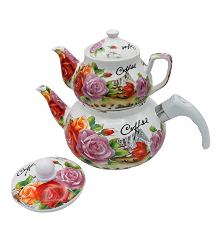Double tea pot kettle samovar style enamel and porcelai…