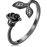 Black Rose Open Rings Aesthetic Heart Plane 925 Sterling Silver Adjustable Finger Ring Feaf Moon Star Black Dainty Band Rings Jewelry for Women Couple Gift