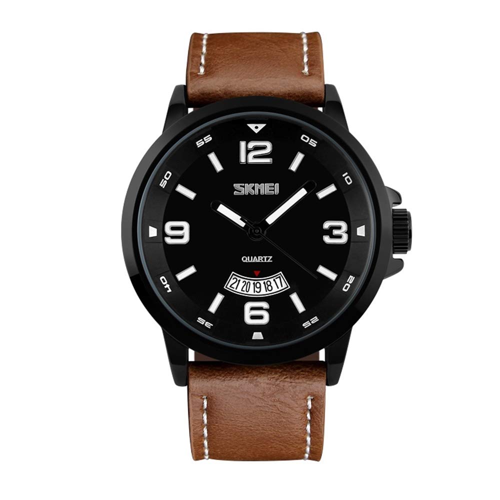 FeiWen Mens Large Dial Analog Quartz Stainless Steel Watch with Leather Band Fashion Casual Business Watches for Men Calendar Window 30M Waterproof, Brown
