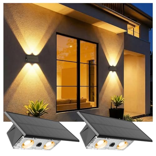 Bigzom Solar Outdoor Up and Down, Solar Lamps for Outdoor Wall 4 LEDs, Warm/Neutral/Cold Light, IP65 Waterproof Solar Lamp for Garden Balcony Terrace Stairs – Pack of 2