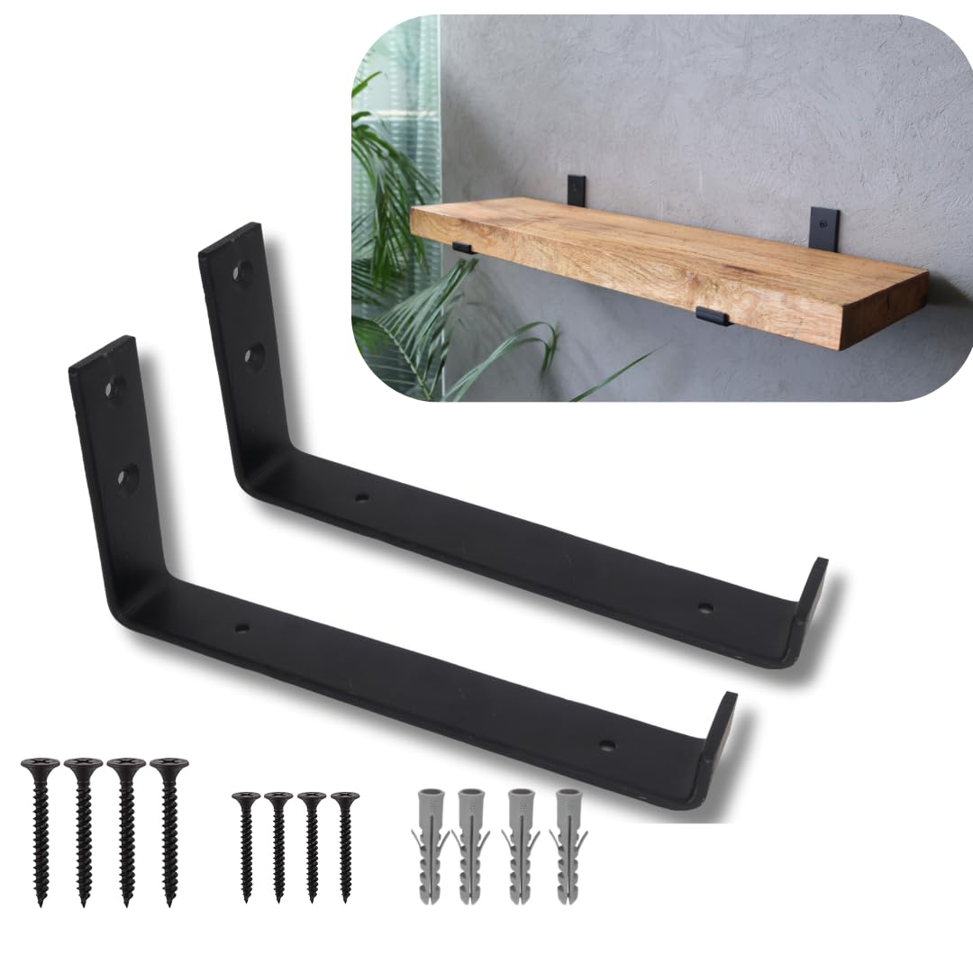 Lang Horn 2 X Heavy Duty Shelf Brackets for Shelves, Shelf Bracket for Scaffold Board Shelving - Strong Industrial Style, Made from 5mm Steel - 225x40mm (2, Black)