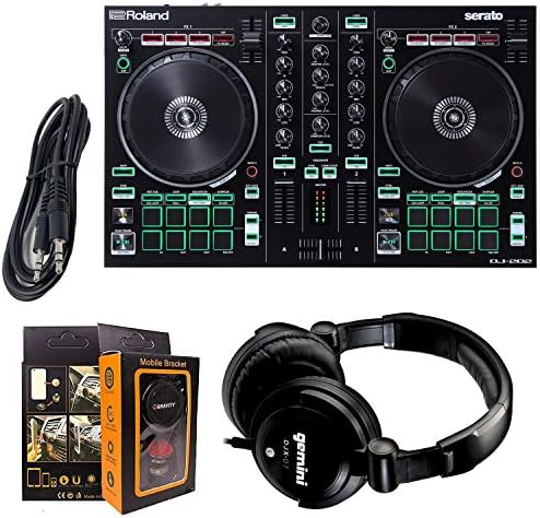 Roland PK Two-Channel, Four-Deck Serato DJ Controller DJ-202 + Gemini DJX-07 Headphone w/Free 3.5mm AUX Cable & Magnet Car Mount