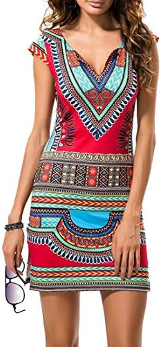 WAYA- 女性のアフリカのvネックプリント半袖サマースリムフィット・ミニ服装
