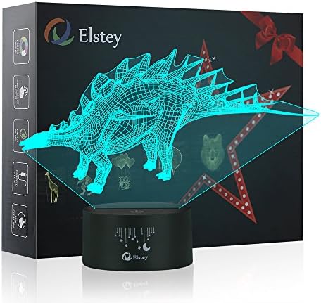 Dinosaur 3D Night Light Table Desk Lamp, Elstey 7 Colors Optical Illusion Touch Control Lights with Acrylic Flat & ABS Base & USB Cable for Christmas Gift