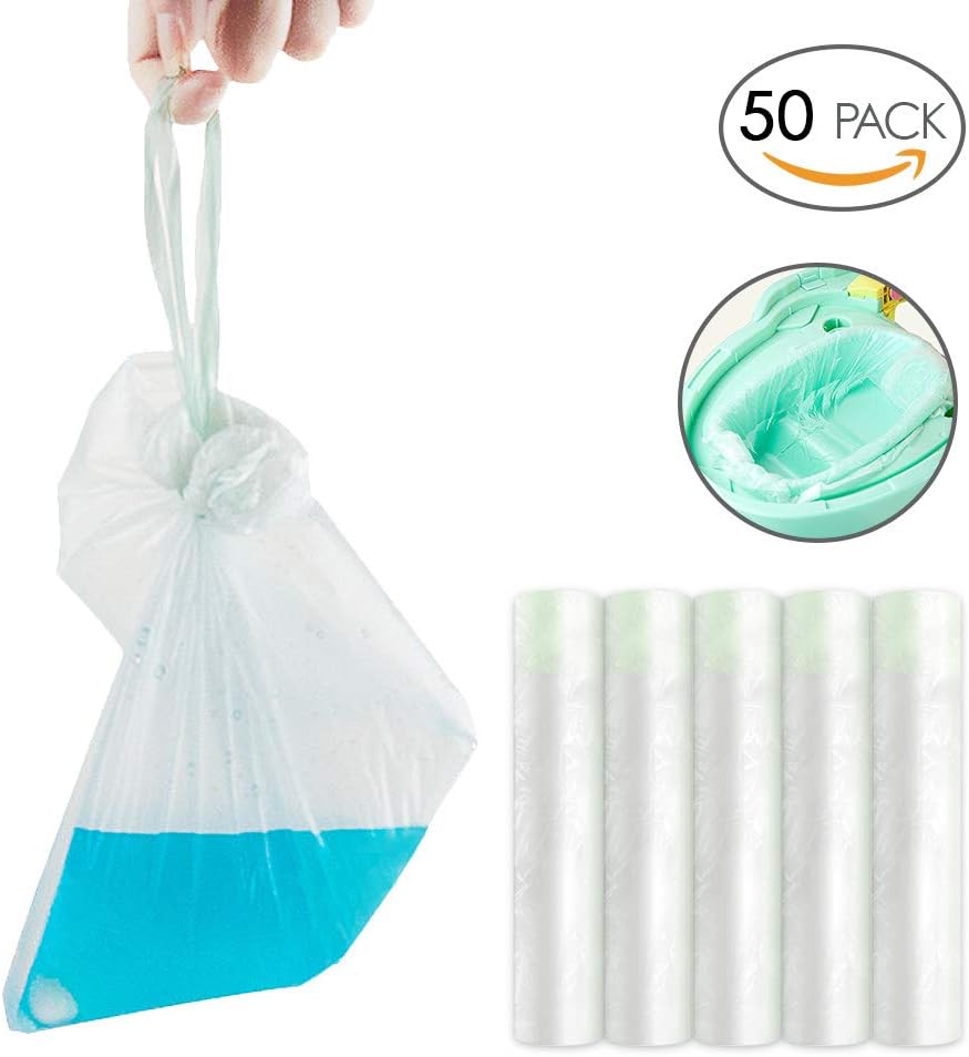 Sundell 50 Pcs Disposable Travel Potty Liners - 5 Rolls Portable Potty Training Toilet Seat Bin Bags, Toilet Clean Bag with Drawstring Fits Most Potty Chairs