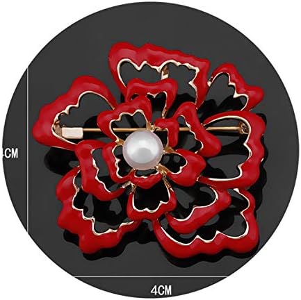 Red Enamel Rose Flower Fashion Brooch Pins for Women with Imitation Pearl