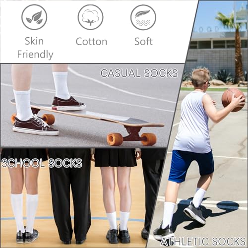 KIDS CREW SOCKS BOYS CUSHIONED ATHLETIC SOCKS GIRLS COTTON DRESS SOCKS THICK SPORTS SCHOOL UNIFORM YOUTH 6 PAIRS (3*BLACK 01+3*WHITE 01, S)