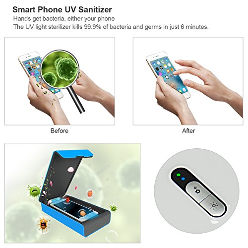 Smart Phone UV Sanitizer Portable UV Light Cell Phone Sterilizer Cleaner Aromatherapy Function Disinfector with USB Charging for iPhone Android Smart Phone Toothbrush Jewelry Watches (Blue)