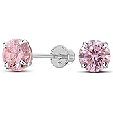 Solid 14K White Gold Round Solitaire Simulated-Birthstone Minimalist Stud Earring with Comfort Screw Backing