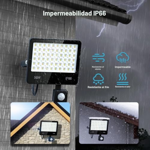 LAMLAMCK LED Spotlight with Motion Sensor 50W – 2 Pieces 5000LM 6500K White Outdoor LED Spotlights with Motion Sensor, IP66 Waterproof Outdoor Projector for Patio, Garden, Walkway, Garage