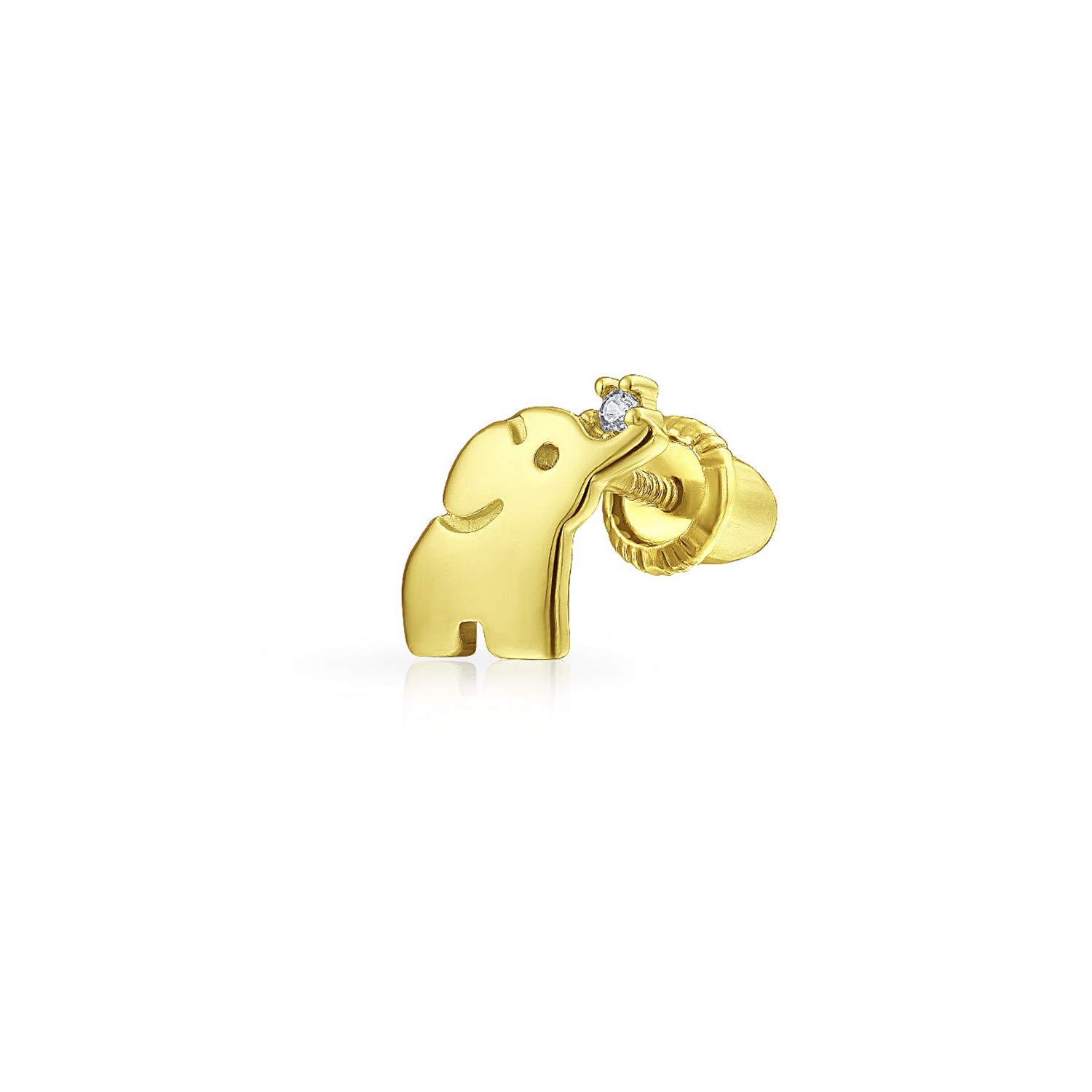 Tiny CZ Accent Zoo Animal Elephant Real Yellow Gold 1 Piece Cartilage Stud Earring Ear Lobe Piercing For Women Teen Screw back
