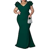 Women's Plus Size Maxi Dress Elegant V-Neck Ruffle Sleeves Bodycon Mermaid Dresses Evening Gown