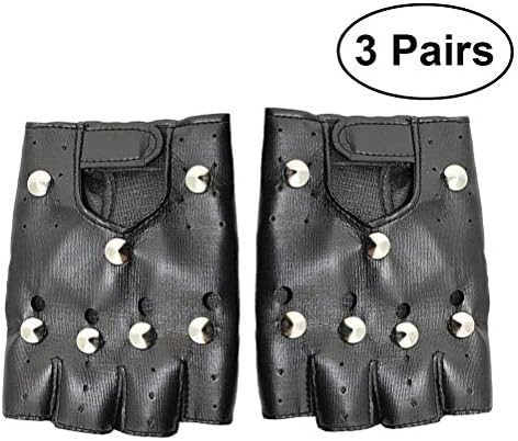 Half Finger Gloves Halloween Costume Gloves Punk Rock Style Finger-less Leather Gloves 3 Pairs (Adults Round Nail)