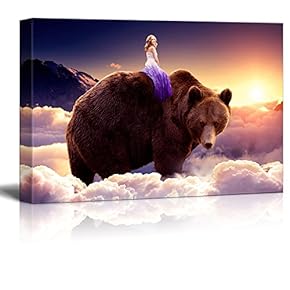 Canvas Wall Art - Fantasy Series - Girl Riding on The Back of a Bear with Clouds - Giclee Print Gallery Wrap Modern Home Art Ready to Hang - 12x18 inches