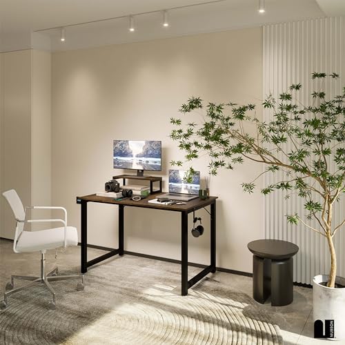 MUBSON Escritorio Minimalista Vintage con Base para Monitor. Mueble Gamer o de Oficina con Superficie de 120x60x74 de Madera MDF. Escritorio Elegante Radahn para Estudio y Trabajo (Cafe)