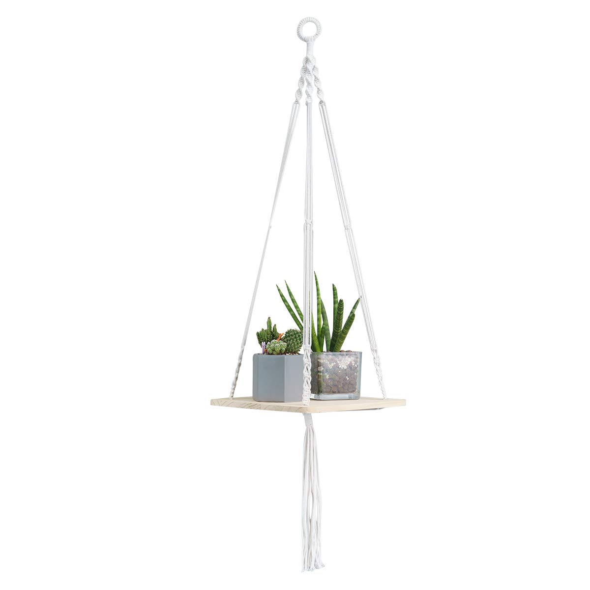 Surplex Macrame Plant Hanger Shelf, Solid Wood Hanging Shelf Planters, Handmade Rope Hanging Plant Holder with Wooden Shelves for Indoor Outdoor Balcony Ceiling Supplies 4 Legs, 41.33 inch/105 cm