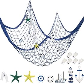 Decorative Fishnet Nautical Fishing Net Wall Hanging Decor, 8 Pieces Starfish, Sailboat, Lighthouse, Life Ring, Rudder… 51fqMNjjTgL
