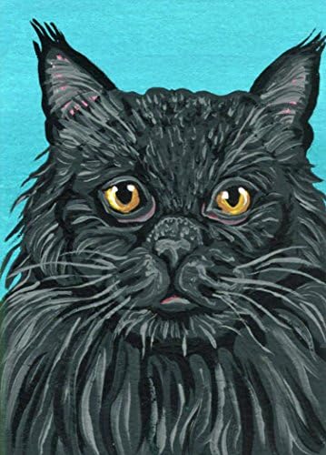 ACEO ATC- Original Painting-Long Hair Black Cat-Pet Art-Carla Smale