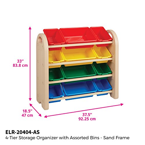 ECR4Kids 4Tier Toy Storage Organizer for Kids, Sand with 12 Assorted