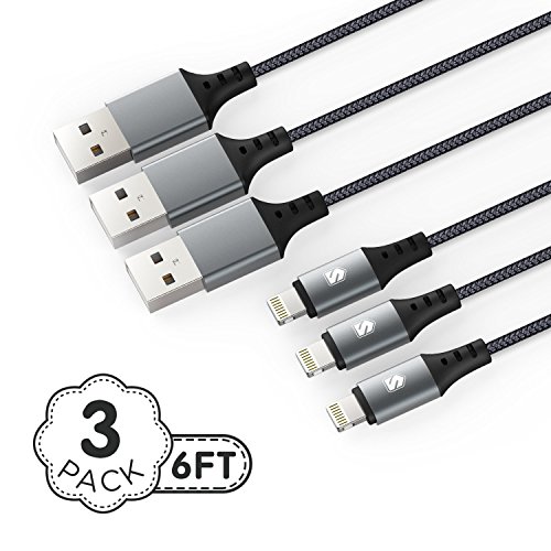 Sundix iPhone Charger 6FT Lightning Cable iPhone 8 Charger Nylon Braided iPhone Charging Cord Compatible with iPhone X 8 8Plus 7 7Plus 6s 6sPlus 6 6Plus SE 5 5s 5c iPad iPod & More 3 Pack(Grey)
