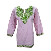 Mogul Womens Indian Tunic Top Pink Kurta Embroidered Cotton Blouse M