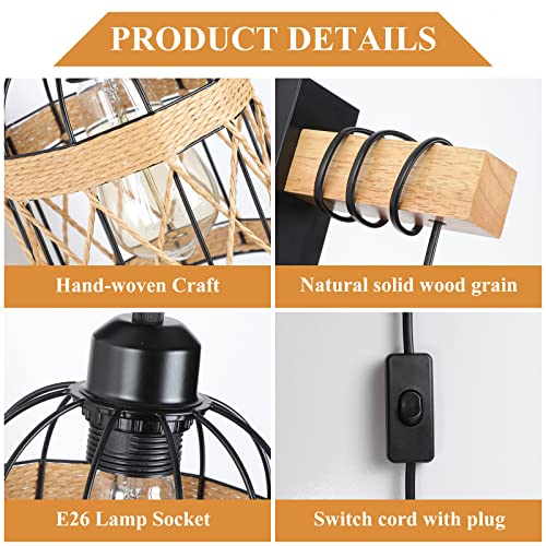HOTRAN Plug in Wall Sconces Set of Two, Farmhouse Wall Lamps for Bedrooms Set of 2, Rustic Wall Mounted Lights for Bedside, Living Room, Sconces Wall Lighting Fixtures with 60inch On/Off Switch Cord