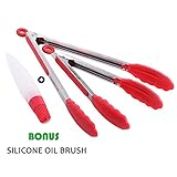 OTHERMAX Silicone Kitchen Tong, Stainless Steel Cooking Tongs with Silicone Tips for BBQ, Salads,Grilling,Serving and Fish Turning,Bonus Silicone Oil Brush