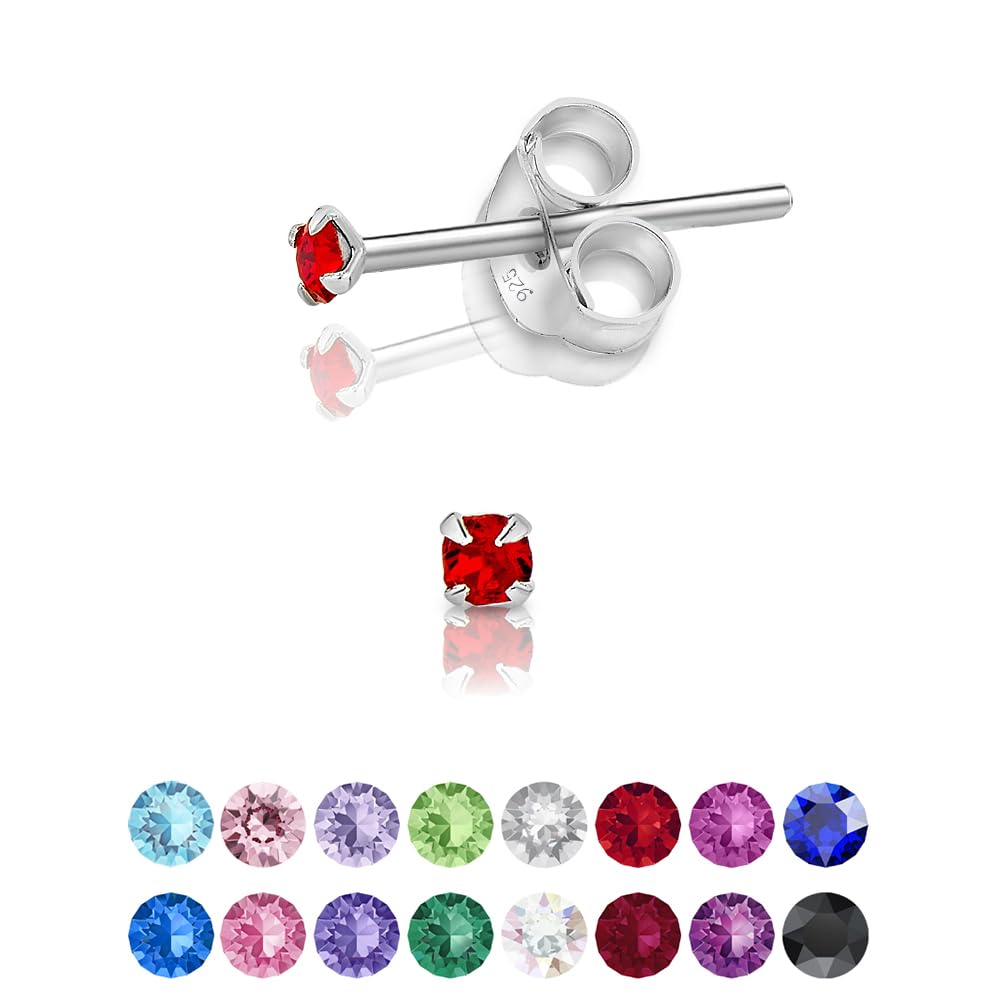 925 Sterling Silver Round Tiny Stud Earrings made with Glittering Crystals - Small Silver Studs Earrings for Woman - Diameter: 2 mm - Colour : Red Light Siam