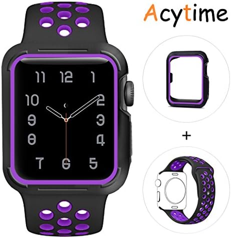 For Apple Watch Band, Acytime Durable Soft Silicone Replacement iWatch Band Sport Style Wrist Strap for Apple Watch Band Series 3 Series 2 Series 1 (Black Purple, 38mm S/M)