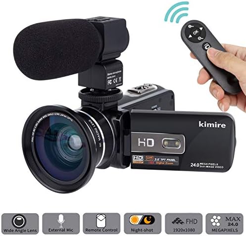 Camera Camcorder Kimire HD 1080P 16X Powerful Digital Zoom Video Camera with Microphone and Wide Angle Lens 3.0 Inch Screen 24 MP Remote Control Infrared Night Vision Recorder (3053STRMW-Black)