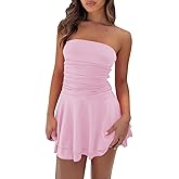 ABINGOO Women Strapless Tube Mini Dress Sexy Sleeveless Tiered Ruffled Hem Ruched Short Bodycon Dress Flowy Summer Y2K Dress