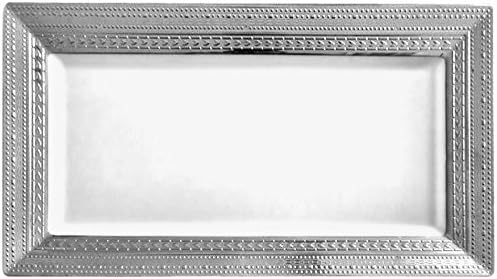 Decorline - Heavyweight Plastic Elegant Disposable Serving Trays 15 x 7.5 inch- White with Silver Rim -Wedding Party- Symphony Collection - 2 pieces