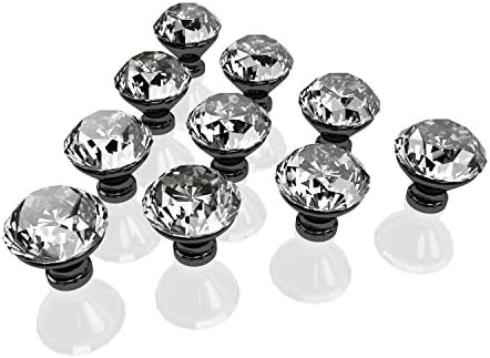 Mitesbony 10PCS Crystal Glass Door Knobs with Diamond Shape, Transparent Diamond Pull Handles for Drawers Cabinets Furniture Decorating (30MM-Black)