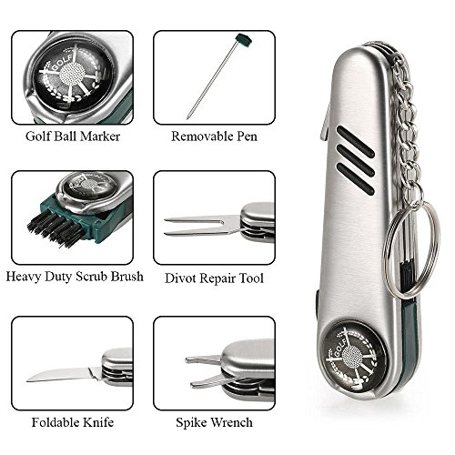 Outdoor Cutlery Stainless Steel 7-In-1 Multi-Function Golf Tool, Features a Golf Ball Cleaner Brush, Ball Marker, Cleat Tightener, Club Cleaner & Divot Repair