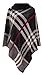 Women's Checked Knitted Winter Poncho Red Band Wrap Shawl Cape (One Size 8-14, Black)