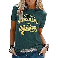 YEXIPO Womens Sunshine and Whiskey Short Sleeve Country T Shirt Country Music Beach Funny Graphic Tees Summer Tops (Small, 1-Dark Green)