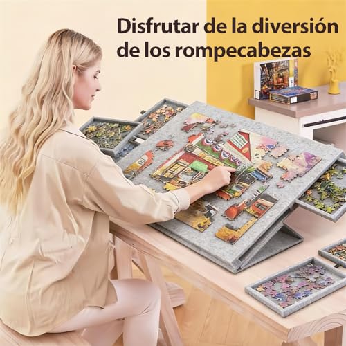 TTMXI Tablero para Rompecabezas 1500 Piezas, Mesa Plegable con 6 Cajones Organizadores, Puzzle Board Inclinable, Base Porta Rompecabezas 77x53.6 cm